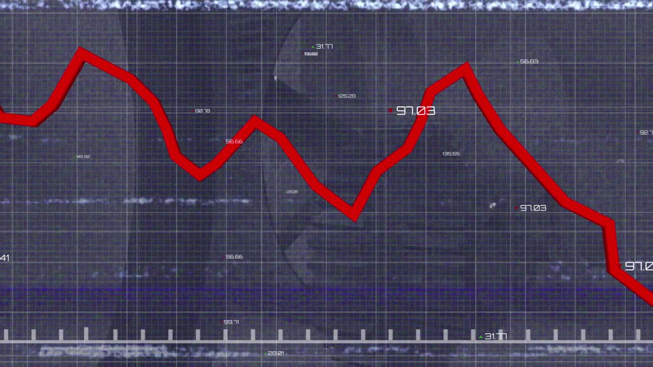 Animation of digital interface over red line financial data processing, glitch and cogs moving