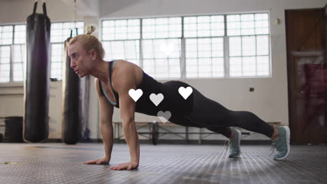 animation of media icons over caucasian woman exercising at gym