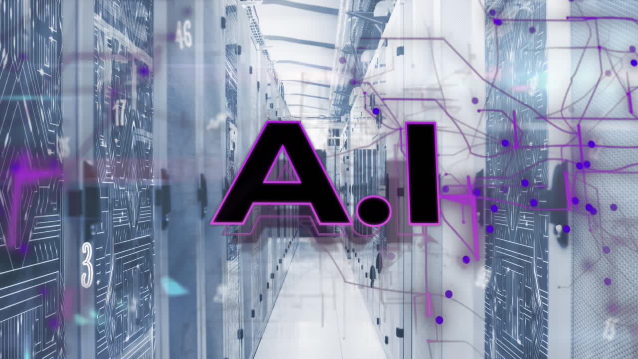 Animation of ai text banner, purple light trails, numbers and alphabets against computer server room