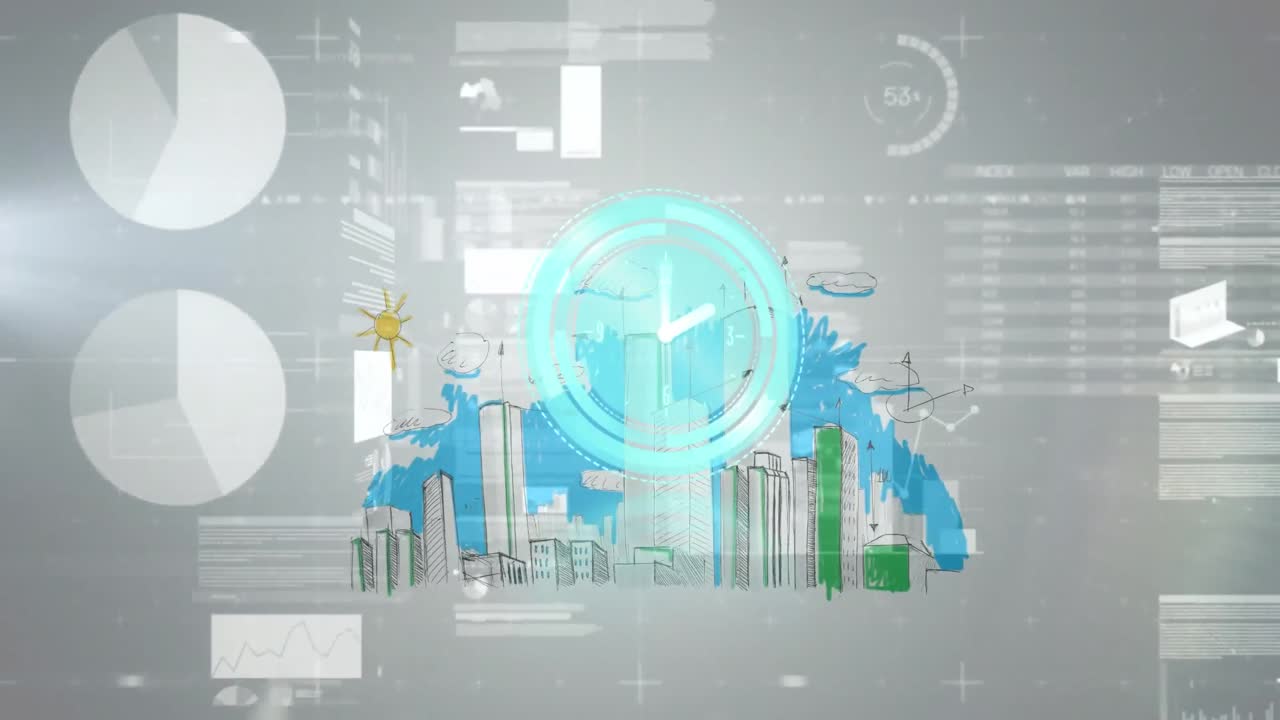 Animation of clock moving fast and statistics and data processing over cityscape