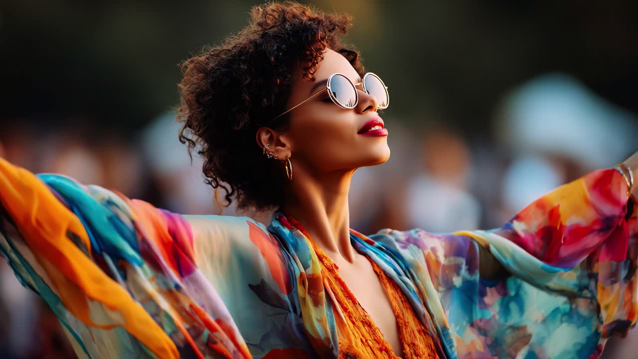 Captivating Celebration of Freedom: A Vibrant Woman Embraces Joy and Life with Arms Outstretched in Colorful Attire, Radiating Confidence and Positivity in a Bustling Atmosphere