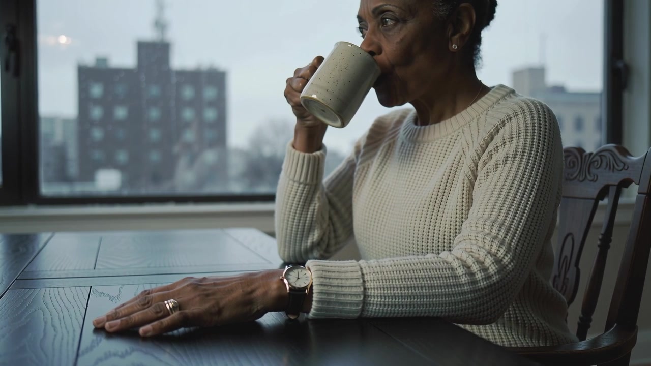 Lifting mug, senior woman sipping while gazing out large window at table, cream sweater, copy space