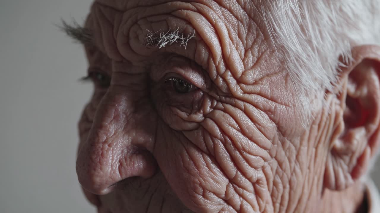 Close-up side profile of an elderly man's face, highlighting wrinkles and texture