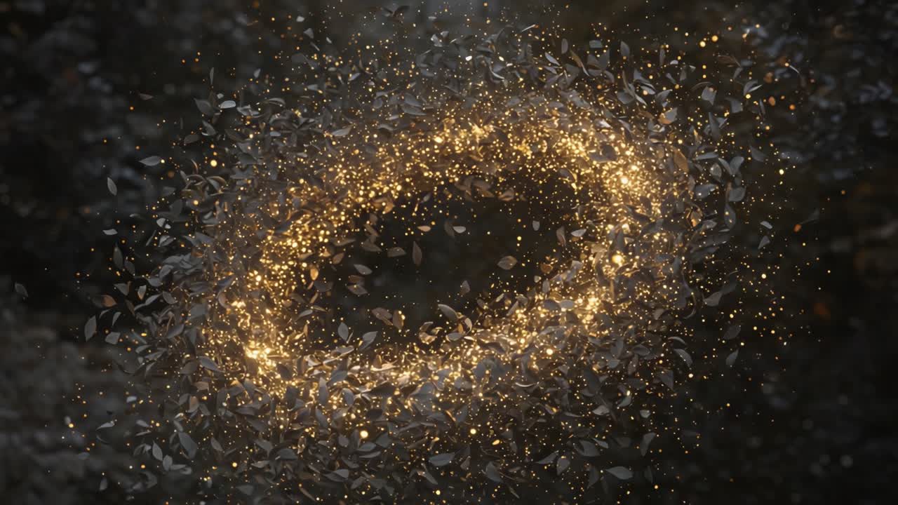 A Vibrant Display of Sparkling Particles and Leaves Creating a Magical Circular Formation in a Mystical Setting