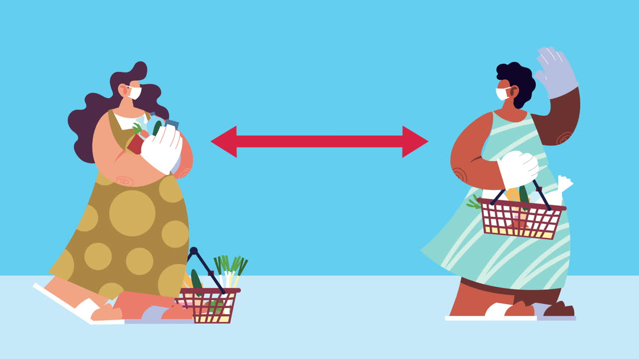 메디컬 마스크를 착용한 주부들이 코로나19에 대한 식료품을 구입하면서 사회적 거리를 지키고 있습니다.