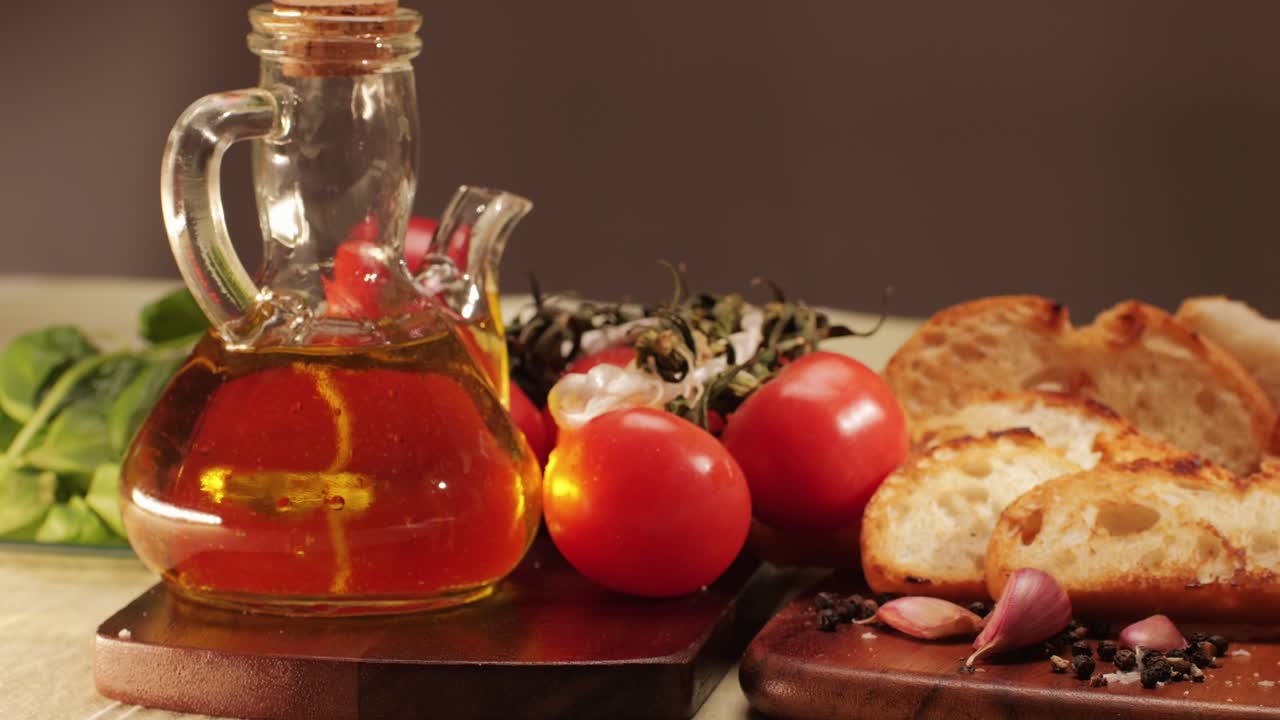 Delicious tapas bread with tomatoes pasta with olive oil close-up, bruschetta with red sauce ketchup, olives dry tomatoes and tasty sandwich bar appetizer, buffet