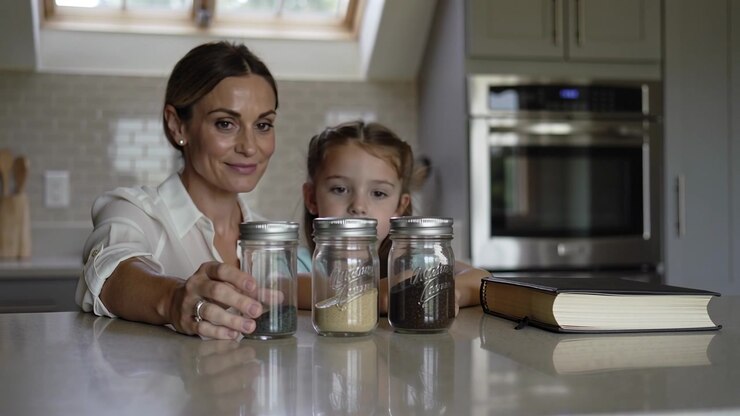 Reaching woman wearing rolled sleeves aligning three mason jars on kitchen counter, engaging girl