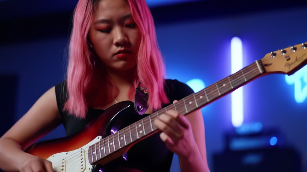 An Entrancing Performance: A Talented Musician Captivates the Audience with Her Electric Guitar Skills Under Mesmerizing Stage Lights