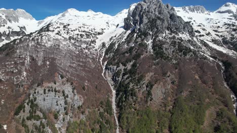 high peaks of alps covered in white snow in a sunny spring day