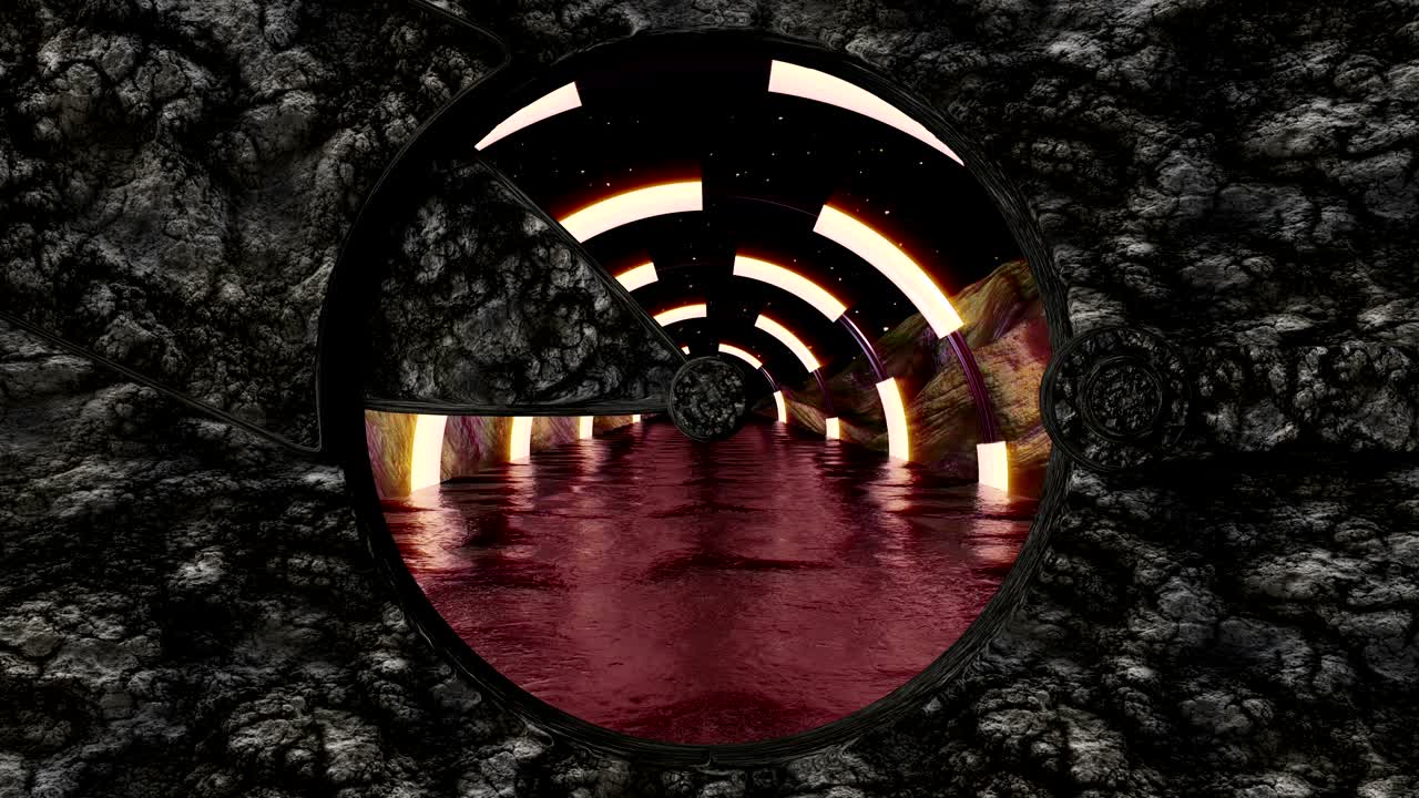 la puerta de piedra abre una vista panorámica a la escena del paisaje alienígena. fondo abstracto en 3d de un corredor de ciencia ficción. tecnología futurista vj para títulos tecnológicos y fondo.