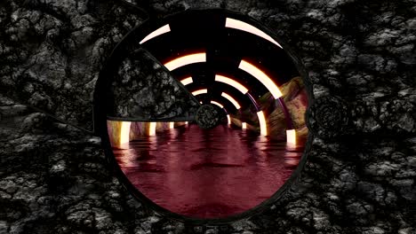 stone gate opens panoramic view to the alien landscape scene. 3d abstract background of sci-fi corridor. futuristic technology vj for tech titles and background.