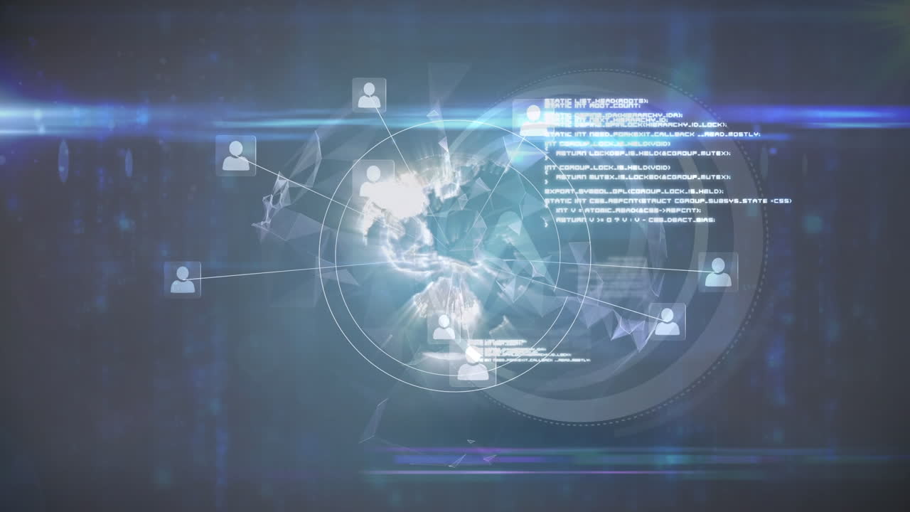 디지털 공간에서 움직이는 시계, 연결 네트워크 및 데이터 처리의 애니메이션