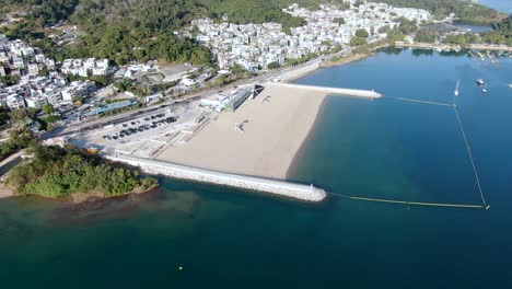 Empty-public-beach-in-Hong-Kong-due-to-Covid19-lockdown-guidelines,-Aerial-view