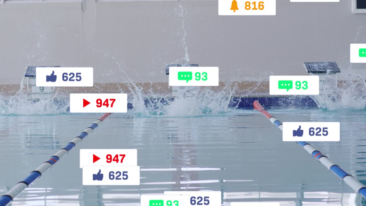 Drei Schwimmer springen von Startblöcken beim Startsignal, illustrierend Marketingkennzahlen mittels schwebender Symbole
