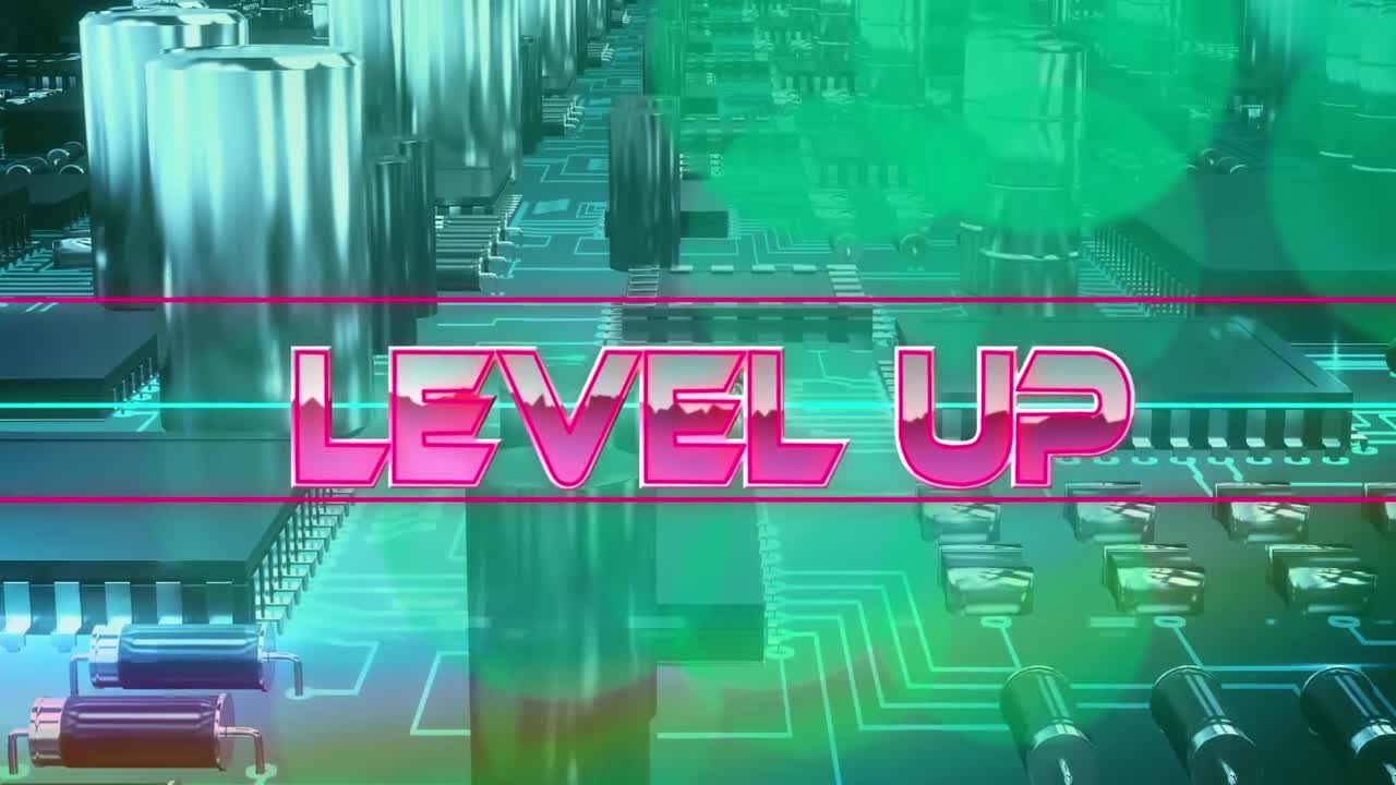 초록색 컴퓨터 메인보드 위에 네온 라인과 함께 분홍색 금속 텍스트 레벨 업의 애니메이션
