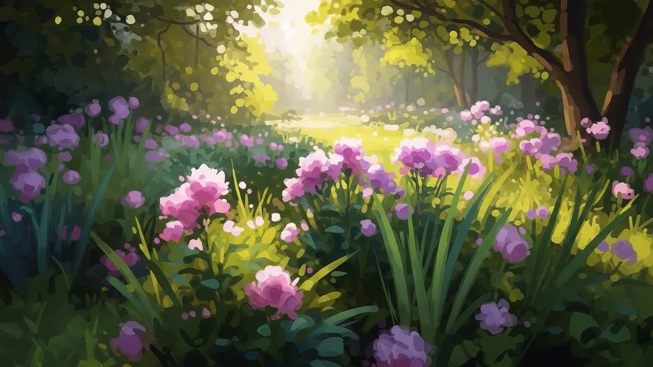 A Serene and Lush Landscape of Vibrant Pink Flowers Illuminated by Soft ...