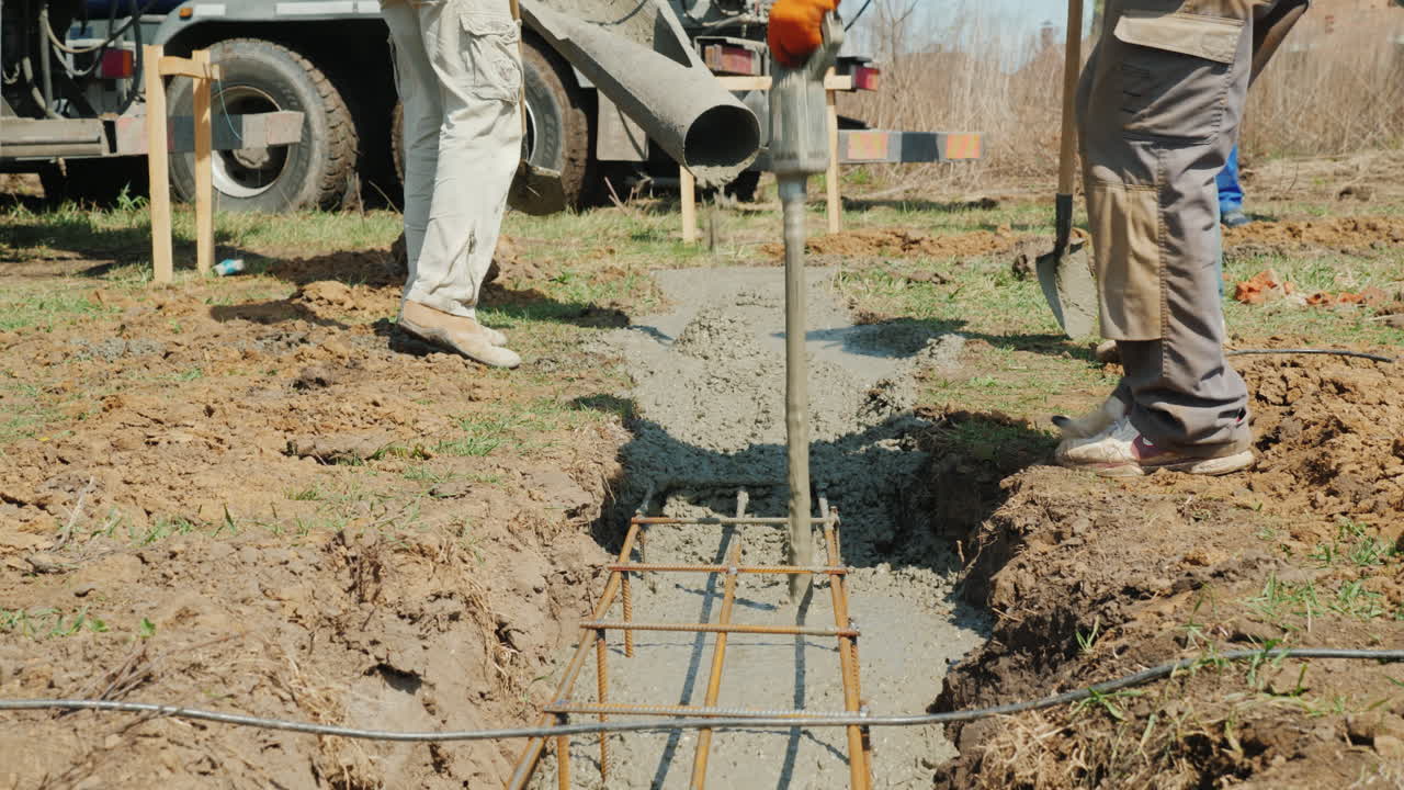 un trabajador con un vibrador y una pala saca hormigón de la hormigonera trabajo manual pesado en la construcción