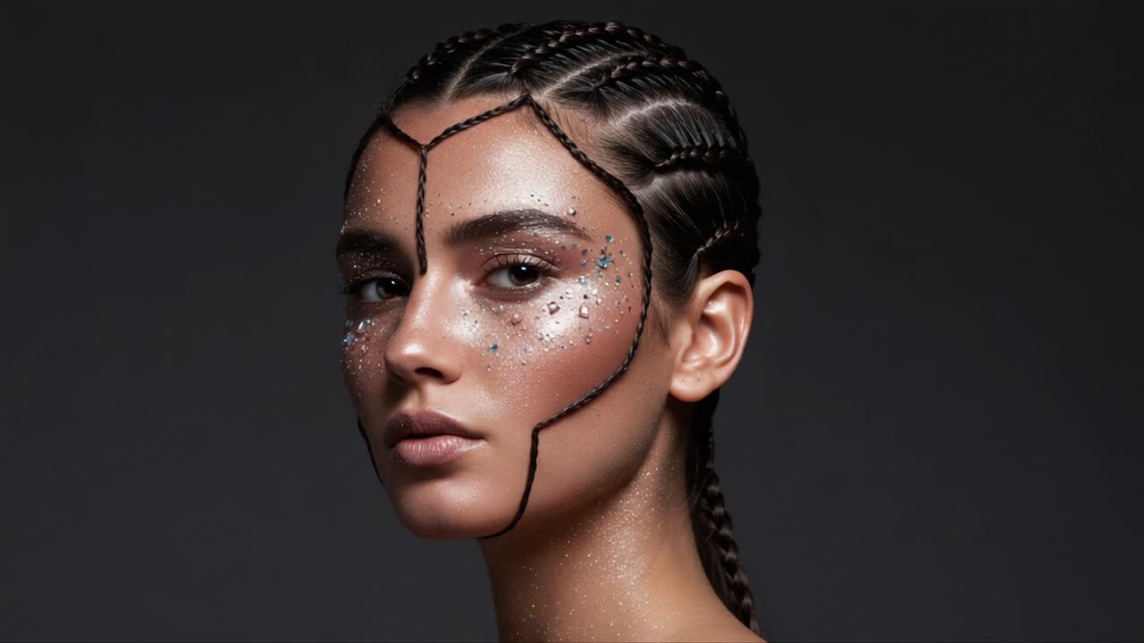 A stunning close-up of a model featuring intricate face art, braided hairstyle, and sparkling embellishments, showcasing a striking modern beauty aesthetic