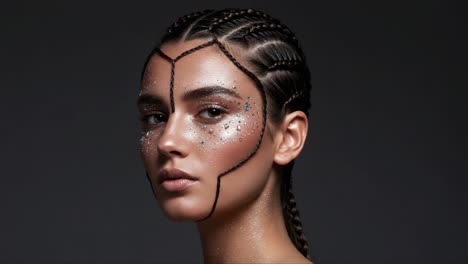 a stunning close-up of a model featuring intricate face art, braided hairstyle, and sparkling embellishments, showcasing a striking modern beauty aesthetic