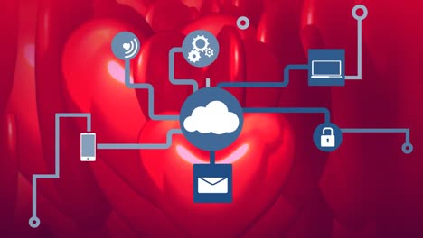 Animation-of-technology-devices-connections-over-rotating-hearts