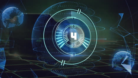 animation of countdown on circular scanner over globes and network on black background