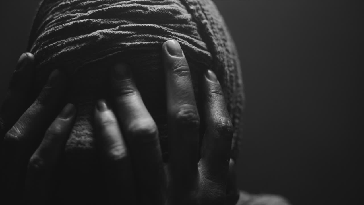 A mummified woman against the dark background in keeps her hands on her face the powerful pose full of despair