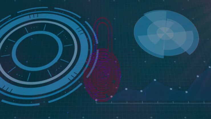 Animation of red fingerprint, scanners, graph and data processing, on dark interface