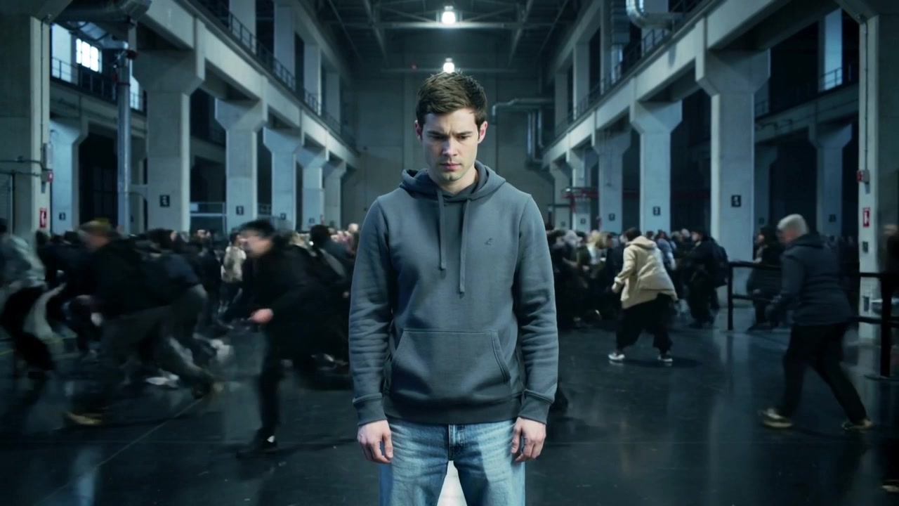 Stående mann iført grå hettegenser og jeans i en industrihall, folkemengden begynner å strømme forbi søyler.