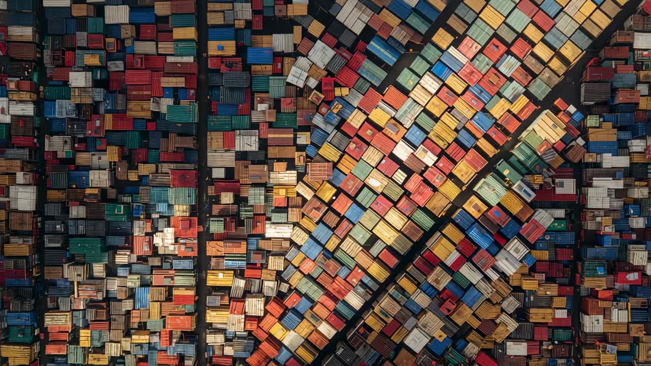 Drone tilting over cargo yard after takeoff, capturing sunlight and shadow patterns on containers