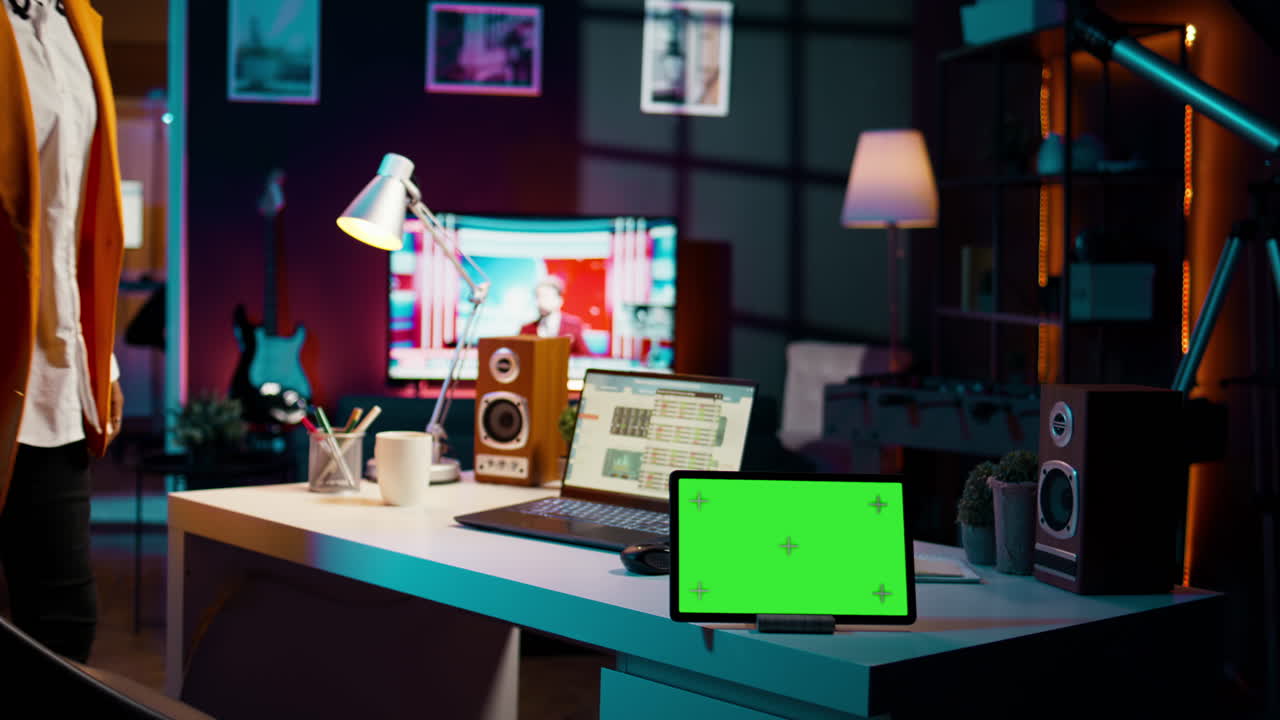 African american pupil looks at greenscreen display on tablet