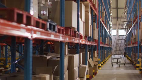 Empty-warehouse-with-multiple-boxes-on-shelfs-with-ladder-on-floor