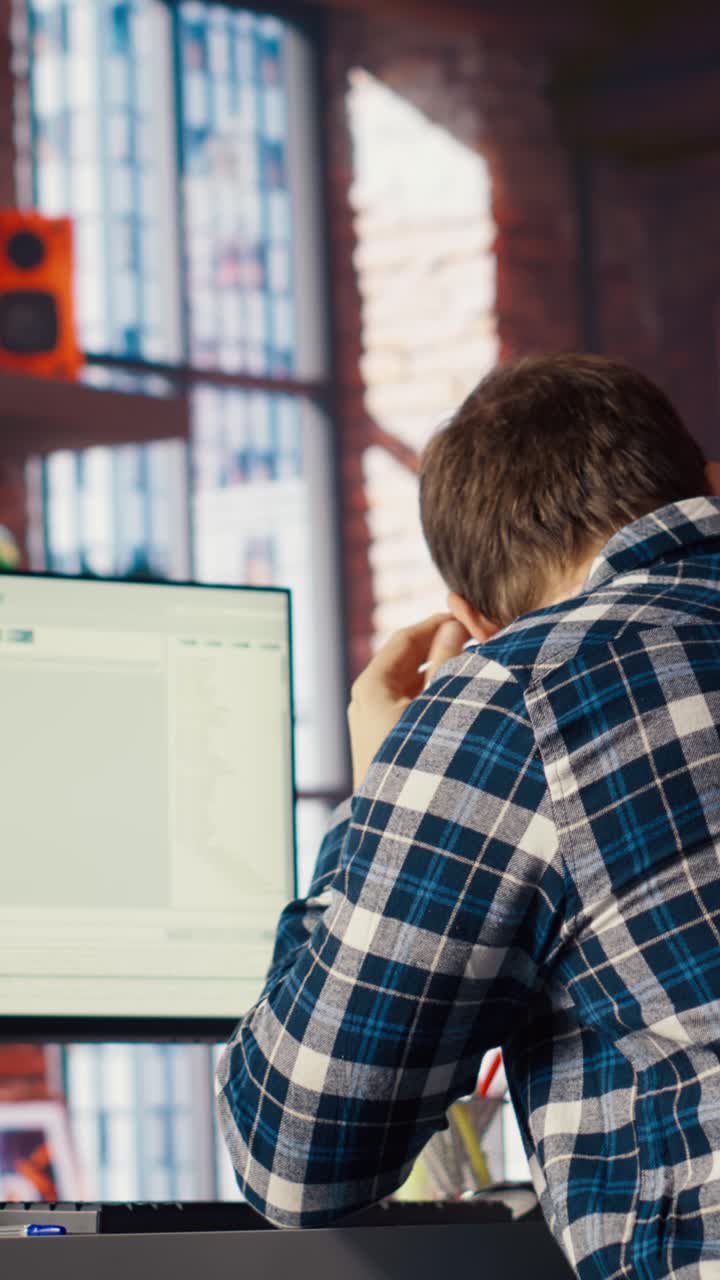 Vertical video Software developer at computer waiting for code to finish compiling, yawning