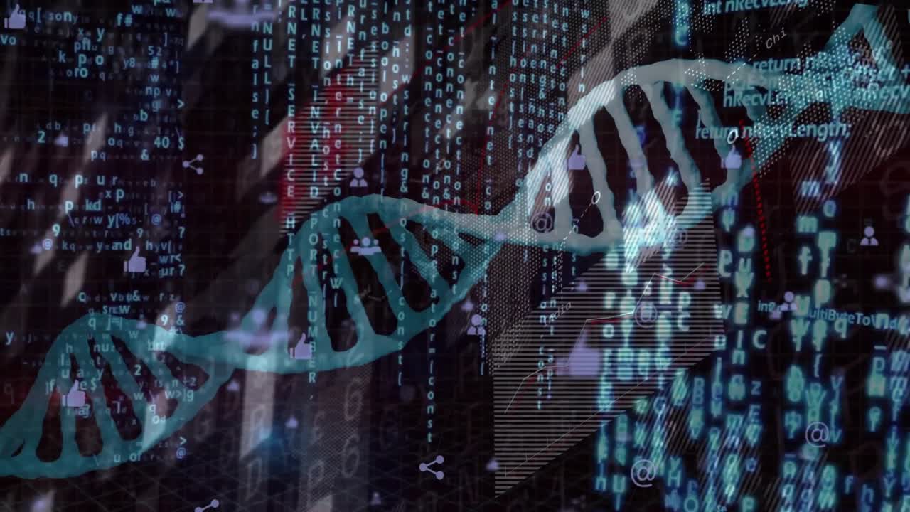 Floating turquoise DNA helix drifting across code backdrop, displaying thumbs-up and share icons