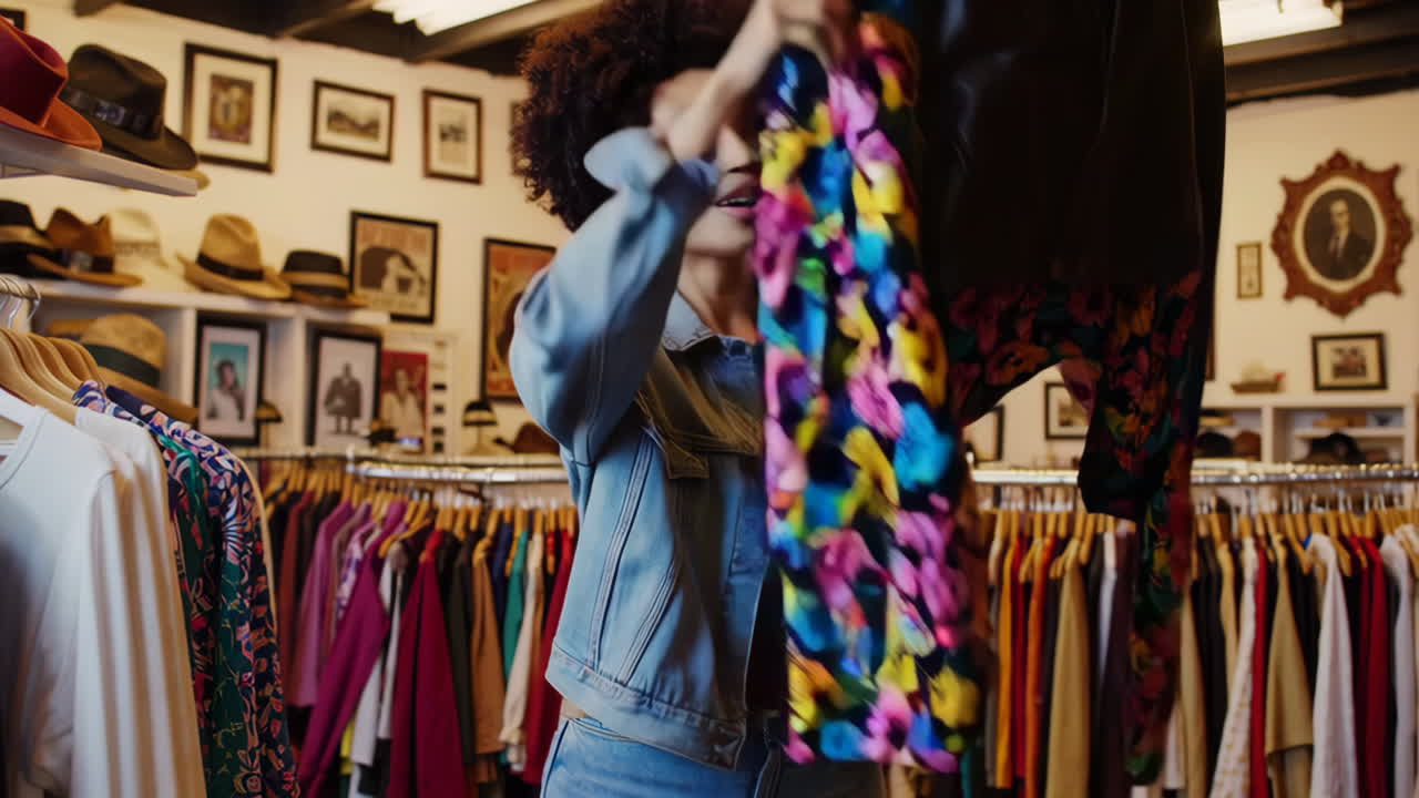 mujer comprando ropa de época