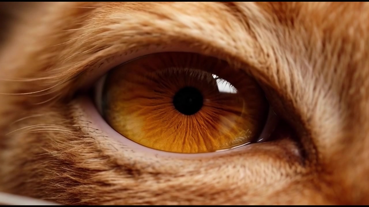 Primissimo piano di un occhio di gatto arancione che sbatte le palpebre