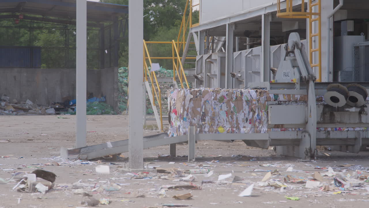 Wind blows dust and paper trash over deserted paper recycling facility, static
