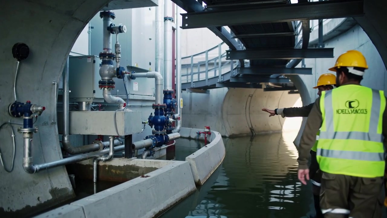 Entering from left, two utility workers walking tunnel inspecting valves in hard hats, copy space