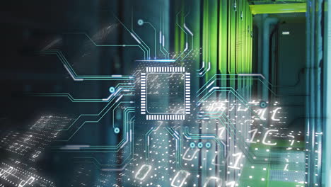 animating microchip and binary code over server room in data center