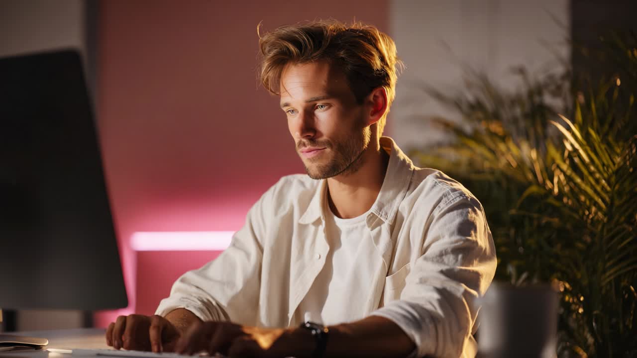 Jovem concentrado interagindo com a tecnologia em uma mesa, cercado por iluminação suave e vegetação exuberante, capturando um momento de concentração e produtividade em um ambiente de trabalho moderno