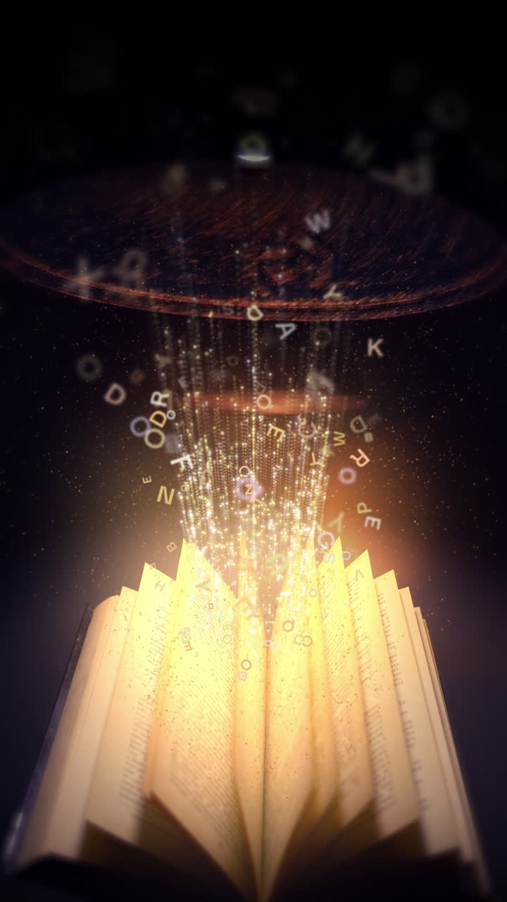 Old book with flying letters and magic light on the background. Ancient books as a symbol of knowledge. Yellow lighting from streetlights. Loop animation. Vertical video.