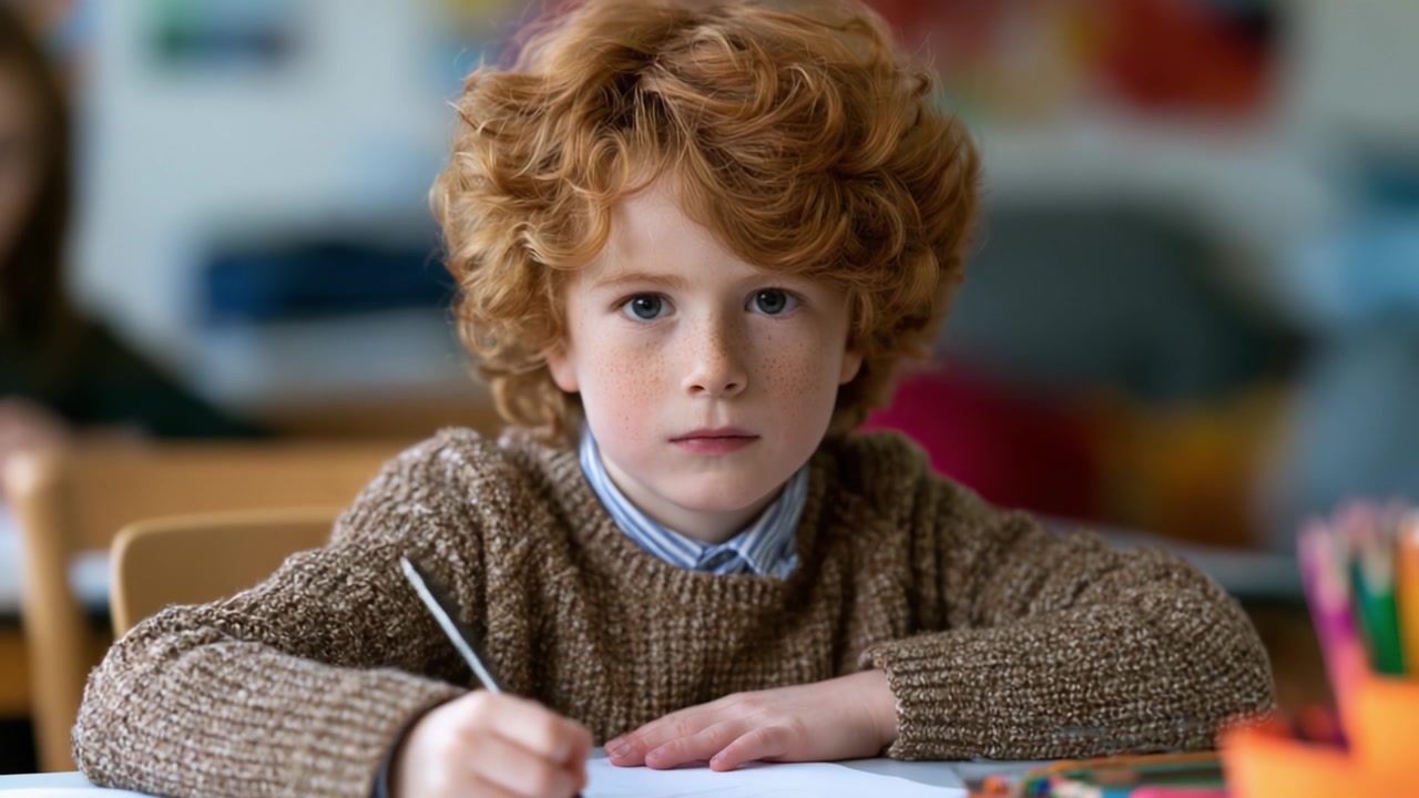 Un giovane ragazzo con riccioli rossi concentrato a disegnare in un ambiente scolastico, mostrando dedizione e creatività attraverso la sua espressione artistica.