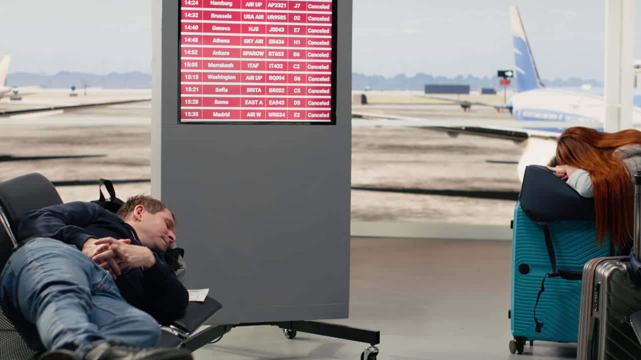 Passageiros Cansados Dormindo na Área de Espera do Aeroporto com Voos Cancelados