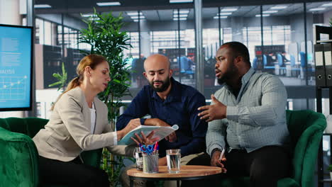 vertical video diverse business people engaged in negotiation and leadership discussions