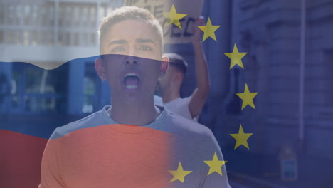 animation of flag of russia and european union over biracial male protester