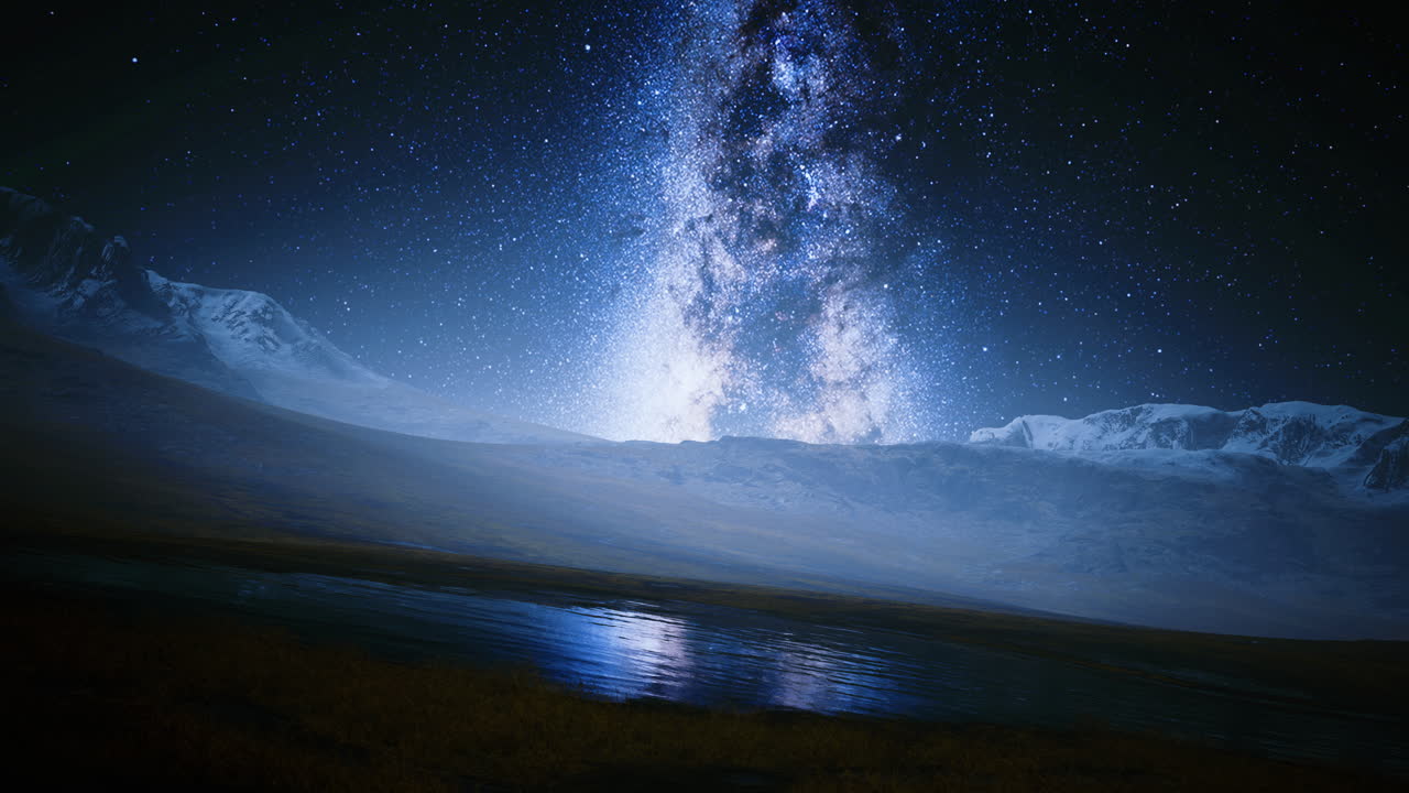 Night sky filled with stars over mountainous landscape by a serene lake ...