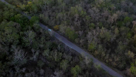 Disparo-Cinematográfico-De-Drones-Persiguiendo-Un-Auto-Blanco-En-Un-Bosque-Cerca-De-Mérida-México