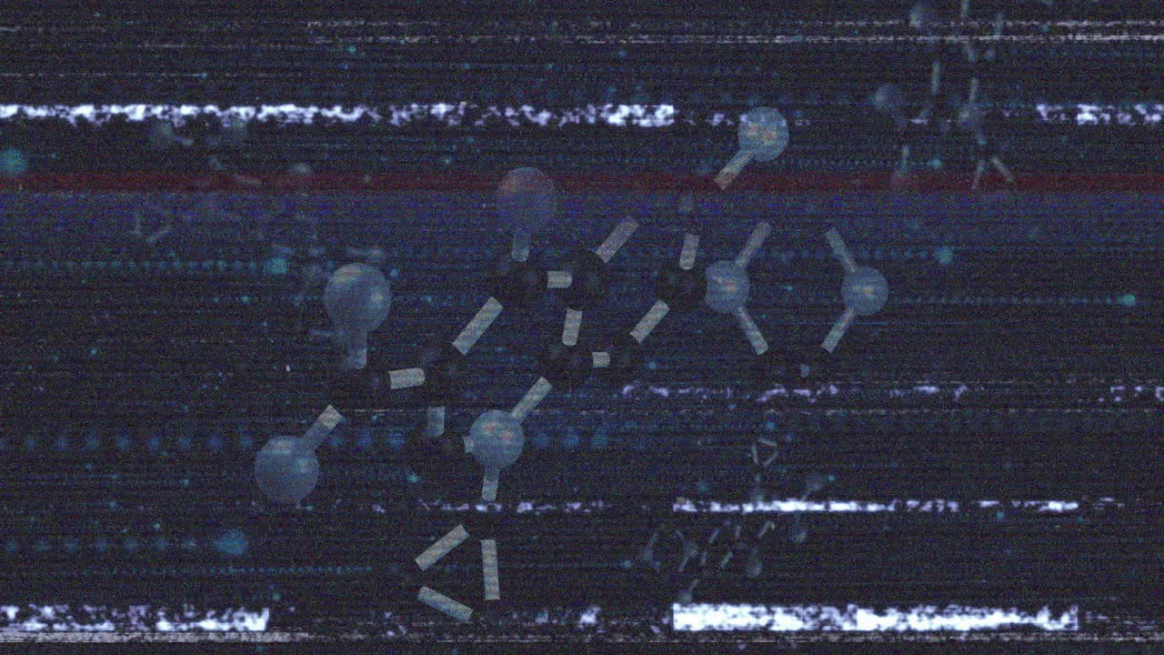 3D molecular chain floating in glitch art scene, with dark spheres, white rods, light blue nodes