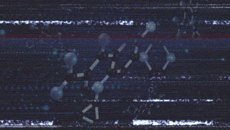 3d molecular chain floating in glitch art scene, with dark spheres, white rods, light blue nodes