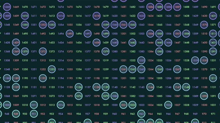 Abstract technology background showing a grid of numbered circles and lines on a dark screen, suggesting data visualization, connectivity, coding, and network analysis