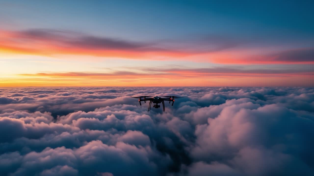 Drone Flying Above Clouds at Sunset